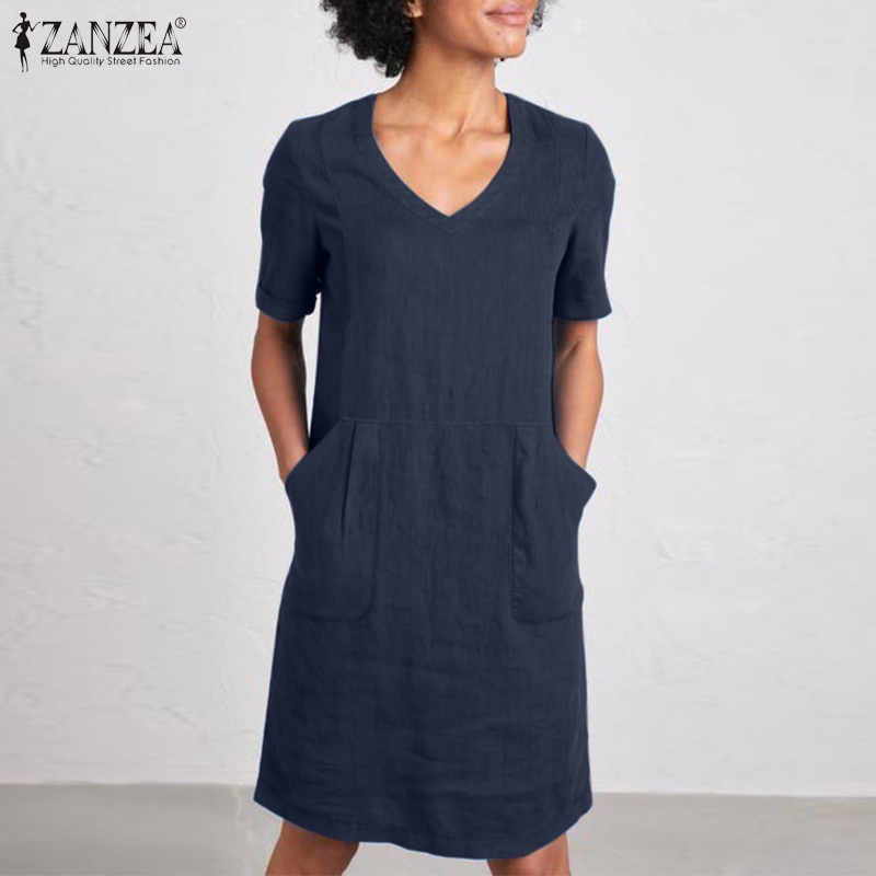 Zanzea Đầm Nữ Ngắn Tay Cổ Chữ V Thời Trang Vintage