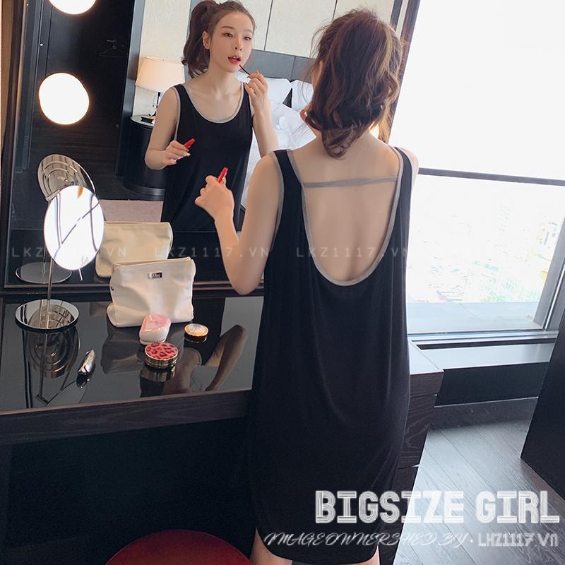 váy mặc nhà nữ Bigsize Đầm ngủ dai ,Váy ngủ cotton Không tay dáng suông cổ tròn hở lưng đen mùa hè Phong Cách hàn quốc đẹp Thanh Lịch cho nữ