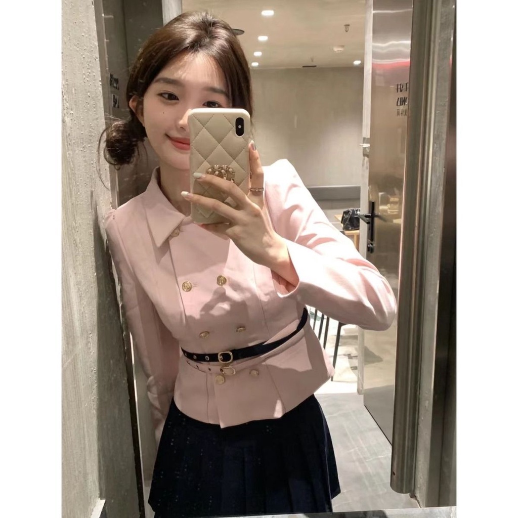 Bộ Áo Khoác Hai Hàng Nút Cài Eo Cao + Chân Váy Ngắn Màu Hồng Phong Cách Preppy Ngọt Ngào Dành Cho Nữ