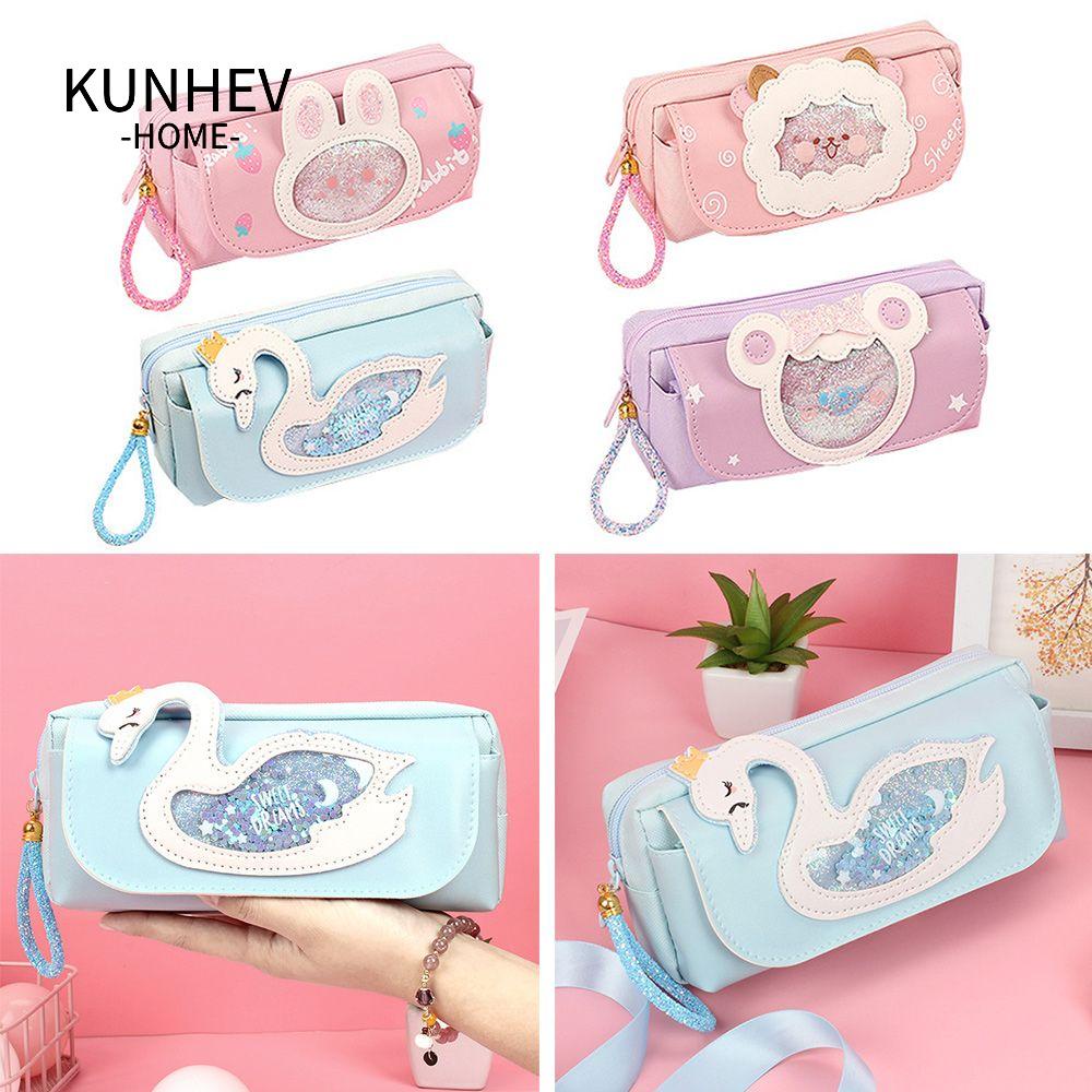 KUNHEV Túi Đựng Bút Bằng Vải Canvas Hình Mèo Có Cát Chảy Xinh Xắn