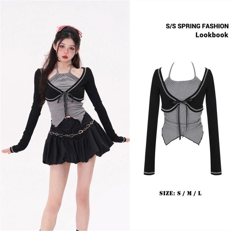 Set Áo Thun Tay Dài Dáng Ngắn Phối Chân Váy Ngắn Thời Trang Mùa Hè Xinh Xắn Cho Nữ