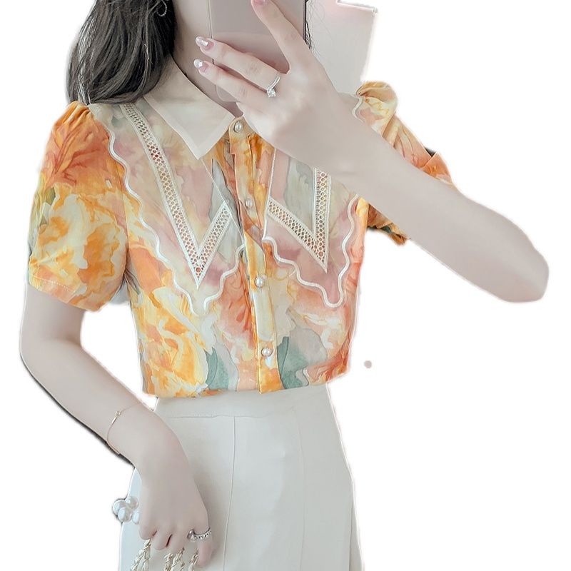 Áo Chiffon Tay Ngắn Phồng In Họa Tiết Thời Trang Mùa Hè Kiểu Mới