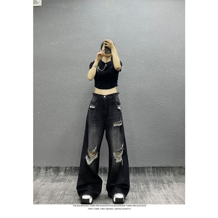 Quần Jean Rách Lưng Cao Ống Rộng Phong Cách Đường Phố Mỹ Thời Trang Mùa Hè Cho Nữ