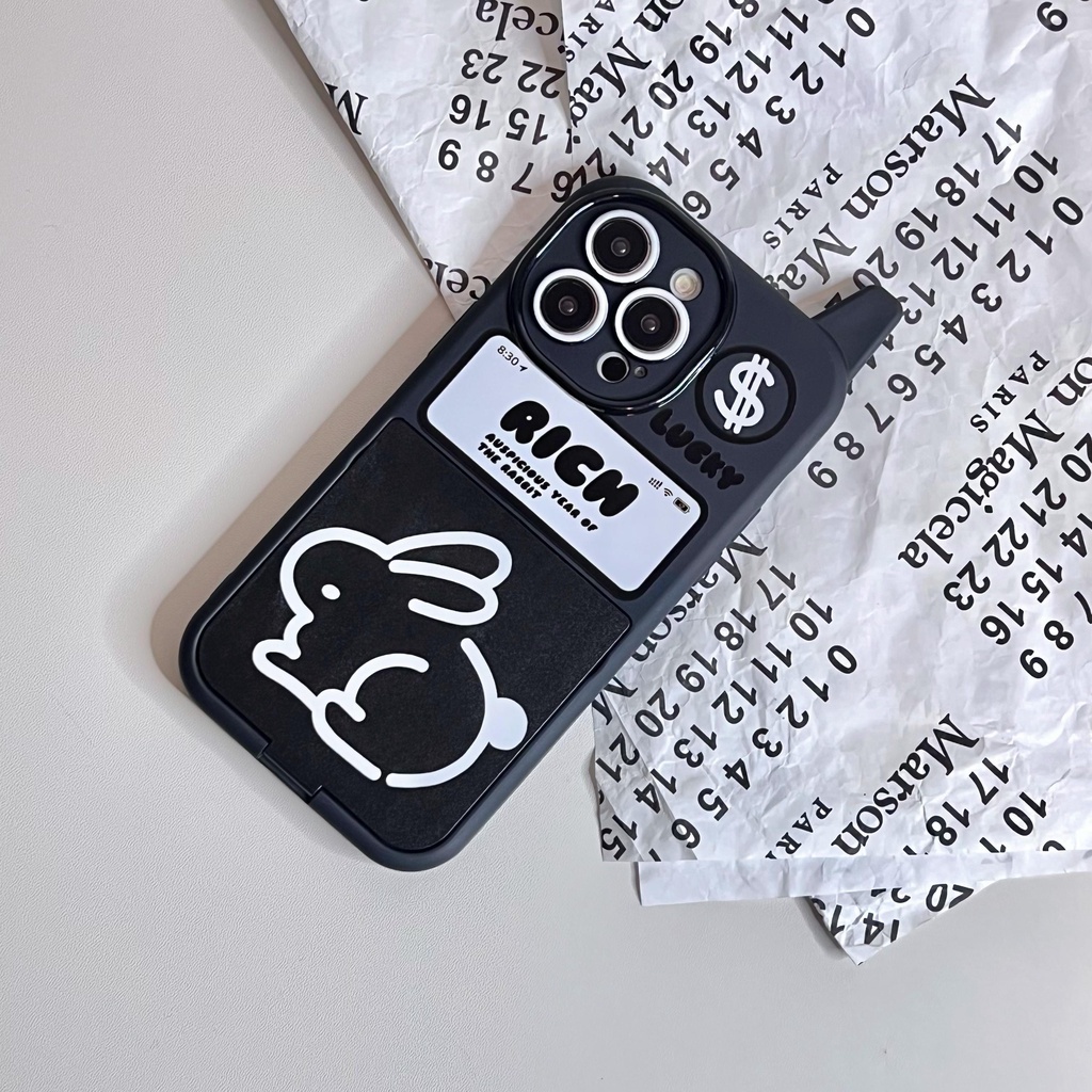 Ốp Điện Thoại tpu Dẻo Nắp Gập Tráng Gương Họa Tiết Chú Thỏ Đen Cổ Điển Cho iPhone 14 13 12 11 Pro Max