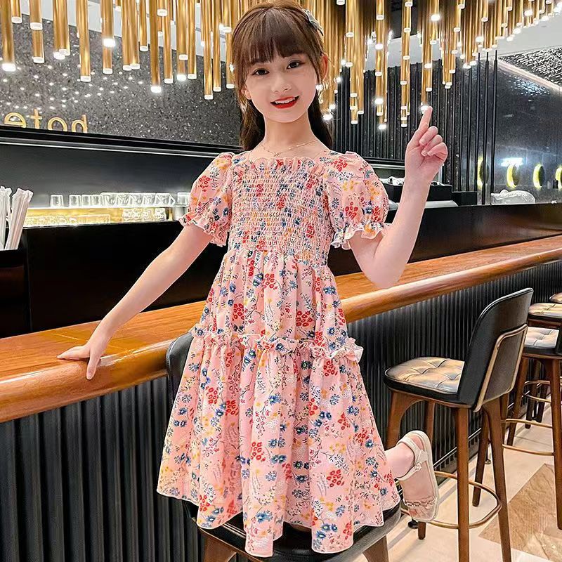 Đầm Công Chúa Màu Hồng Bằng Vải Voan Tay Phồng In Hoa Dành Cho Bé Gái 4-12 Tuổi