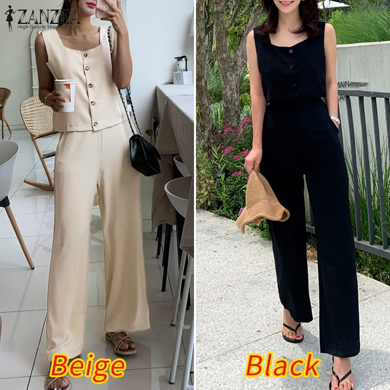 Zanzea Bộ Áo Tank Top Cổ Vuông Sát Nách + Quần Dài Dáng Rộng Thời Trang Phong Cách Hàn Quốc