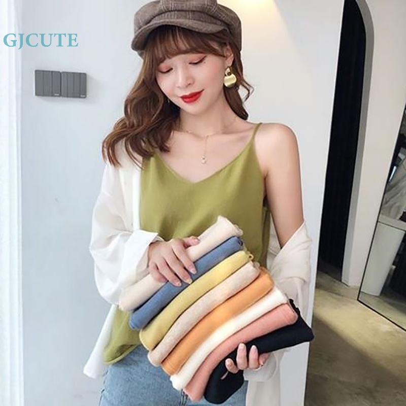 Áo Hai Dây Dệt Kim Cổ Chữ V Màu Trơn Dáng Rộng Thời Trang Mùa Hè Cho Bạn Gái