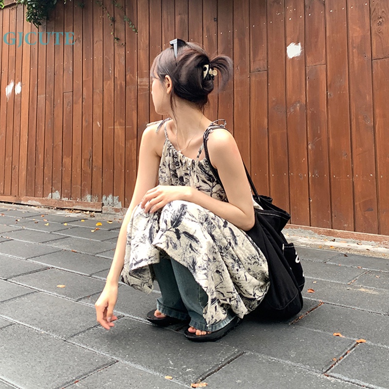 Đầm Hai Dây Dáng Rộng In Họa Tiết Vintage Hàn Quốc Thời Trang Mùa Hè Cho Bạn Gái