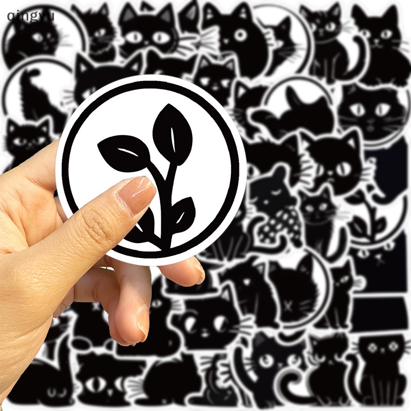 Bộ 50 Miếng Dán Họa Tiết Mèo Đen Hoạt Hình Dễ Thương Trang Trí Vali Laptop