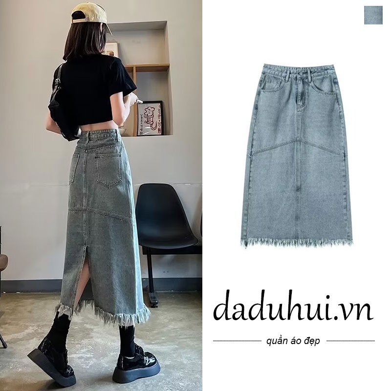 Daduhui New Korean Version of Ins Raw Edge Retro Denim Skirt Niche High Waist A- line Skirt Bag Hip Skirt