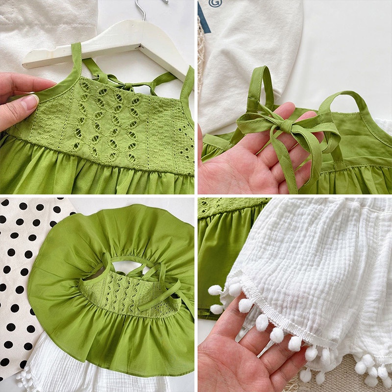 Bộ Áo Hai Dây + Quần Sooc Màu Xanh Lá Phong Cách Phương Tây Thời Trang Mùa Hè Xinh Xắn Cho Bé Gái