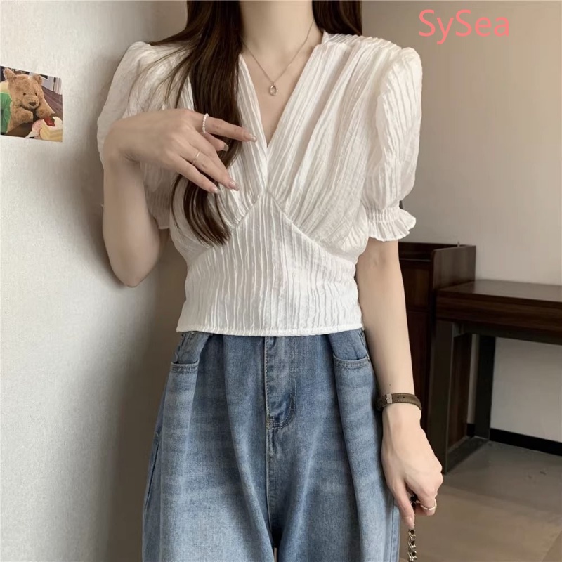 Áo Kiểu Cổ Chữ V Thiết Kế Xếp Ly Phong Cách Retro Pháp Cho Nữ