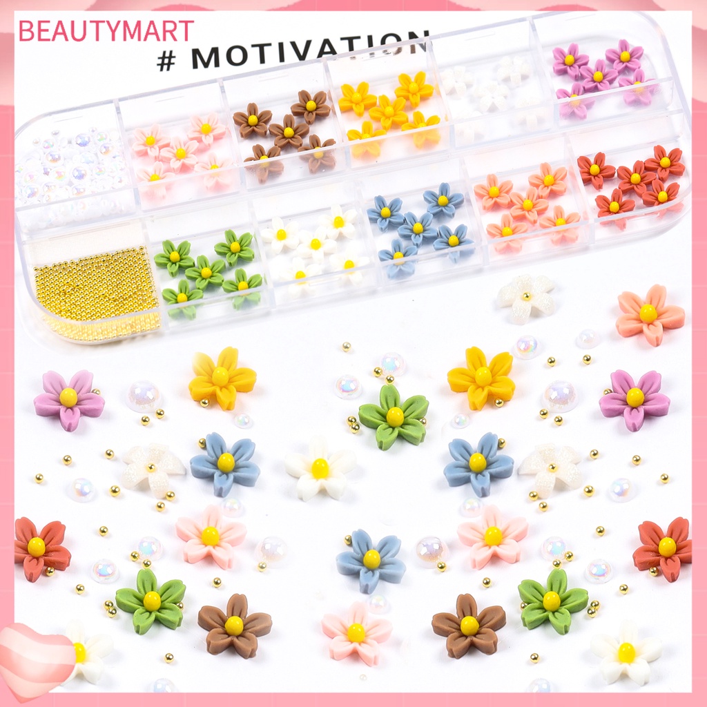 1 Hộp Hạt Charm Hình Hoa 3D Bằng Nhựa Resin Chống Nước Trang Trí Móng Tay