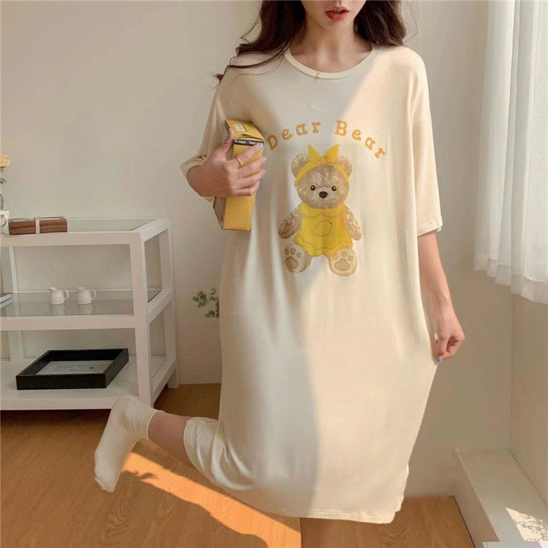 Đầm Ngủ Tay Ngắn Dáng Rộng In Họa Tiết Chú Gấu Dễ Thương Thời Trang Mùa Hè Cho Nữ