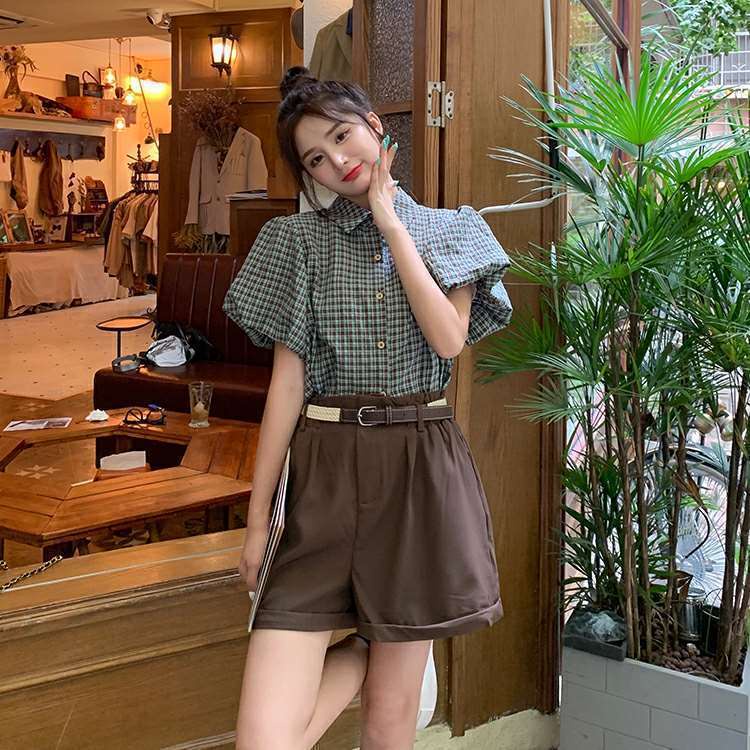 Set Áo Sơ Mi Tay Phồng Kẻ Sọc Caro + Quần Dài Lưng Cao Ống Rộng Phong Cách Retro Cho Nữ