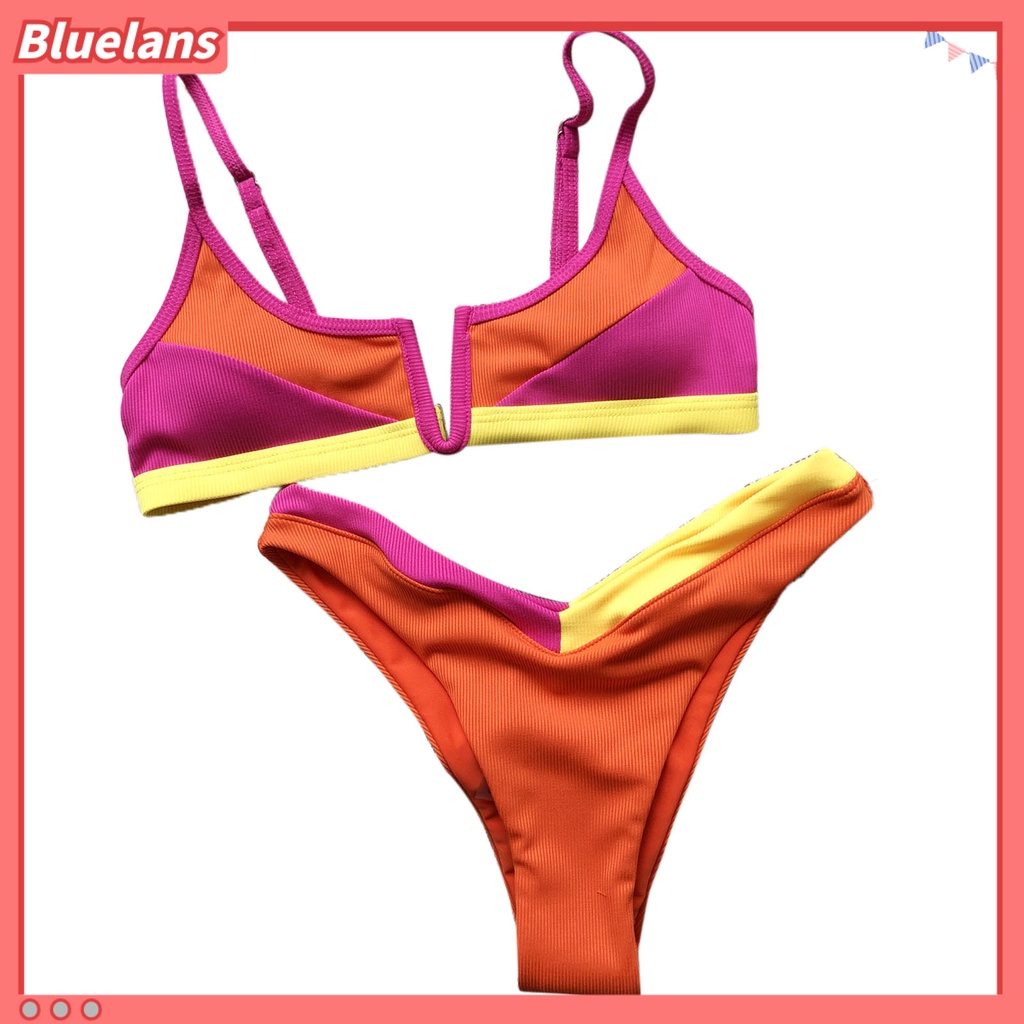 Bộ Đồ Bơi 2 Mảnh Cổ Chữ V Màu Tương Phản Thoải Mái Thời Trang Mùa Hè Cho Nữ