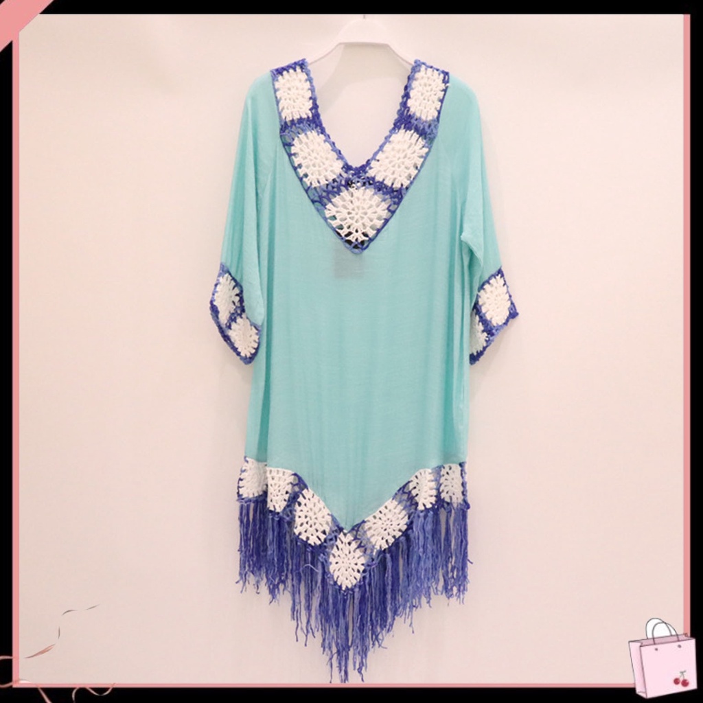 Áo Choàng Đi Biển Hở Nửa Cổ Chữ V Thoáng Khí Chống Tia UV Phối Tua Rua Màu Sắc Thời Trang Mùa Hè Cho Nữ
