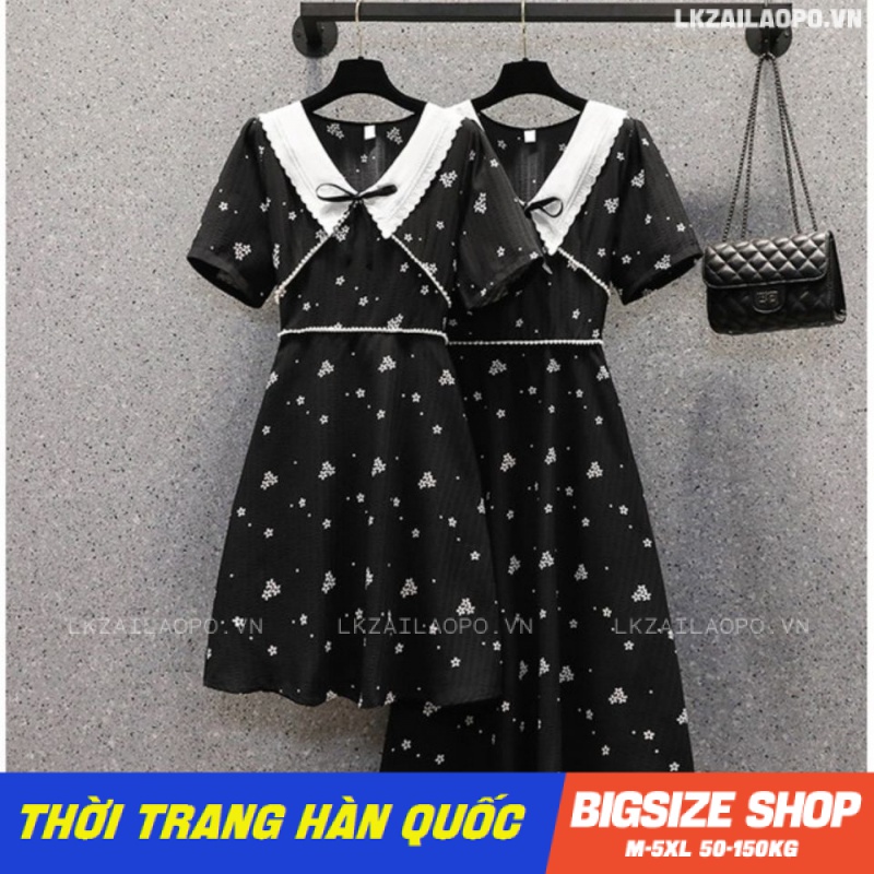 Đầm hoa nhí Bigsize Váy nữ dáng suông tay ngắn cổ bèo mùa hè Phong cách Hàn Quốc Thời Trang tiểu thư cá tính xinh đẹp cho người mập béo