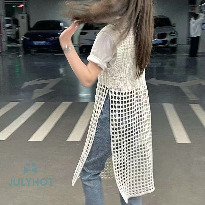 Đầm dệt kim không tay đường phố cao ngầu Đầm Vest xẻ rộng Đầm dài khoét lỗ cho nữ VN