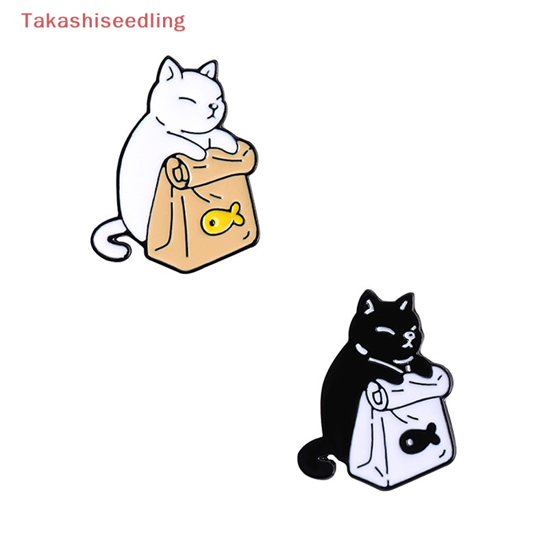(Takashiseedling) Ghim Cài Áo Hình Chú Mèo Đáng Yêu Tráng Men Màu Trắng Đen