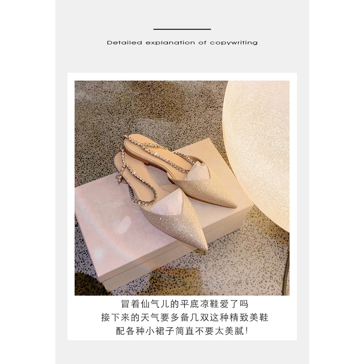 Giày Sandal Mũi Nhọn Đế Bằng Đính Đá Thời Trang Mùa Hè 2023 Cho Nữ