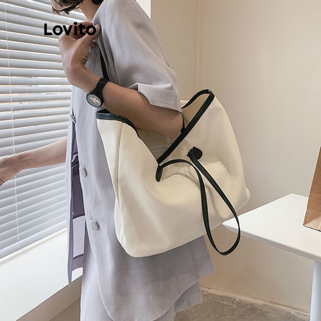Lovito Túi tote đeo vai cơ bản màu trơn đơn giản tương phản cho nữ LNA09126 (Mơ/Đen)