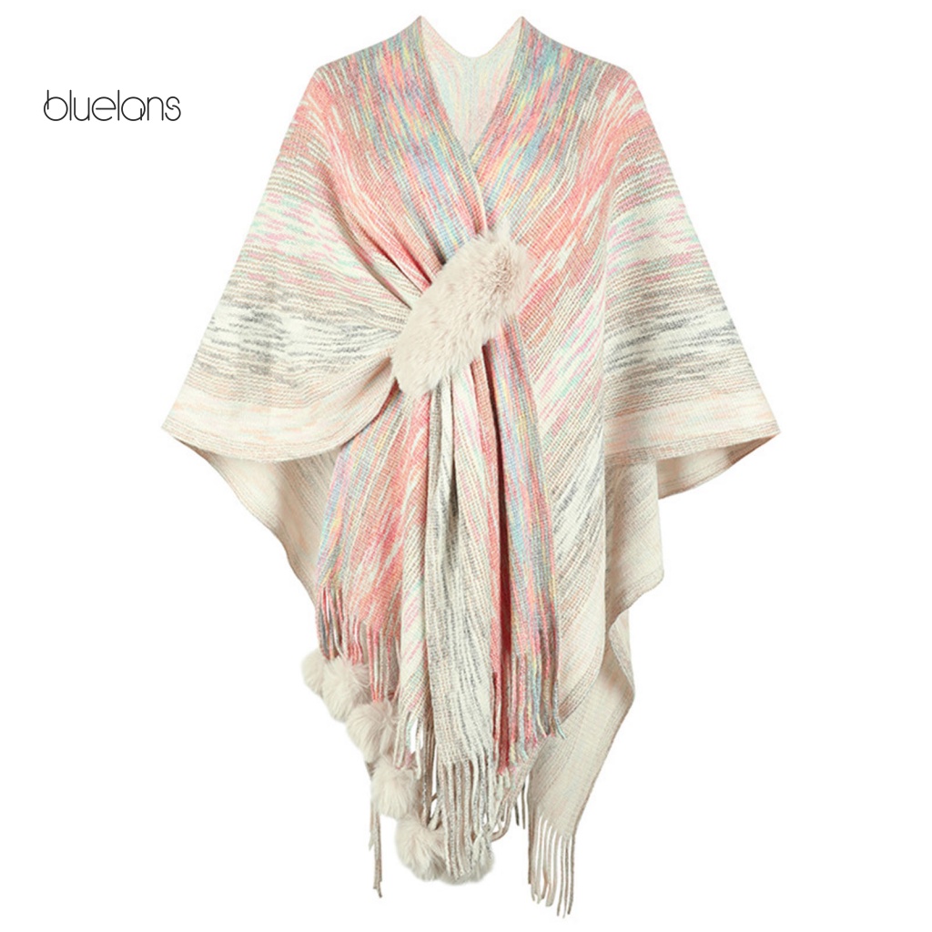 Áo Choàng Dệt Kim Tay Lửng Dáng Rộng Viền Lông Nhiều Màu Sắc Ấm Áp Phong Cách Bohemia Thanh Lịch Cho Nữ