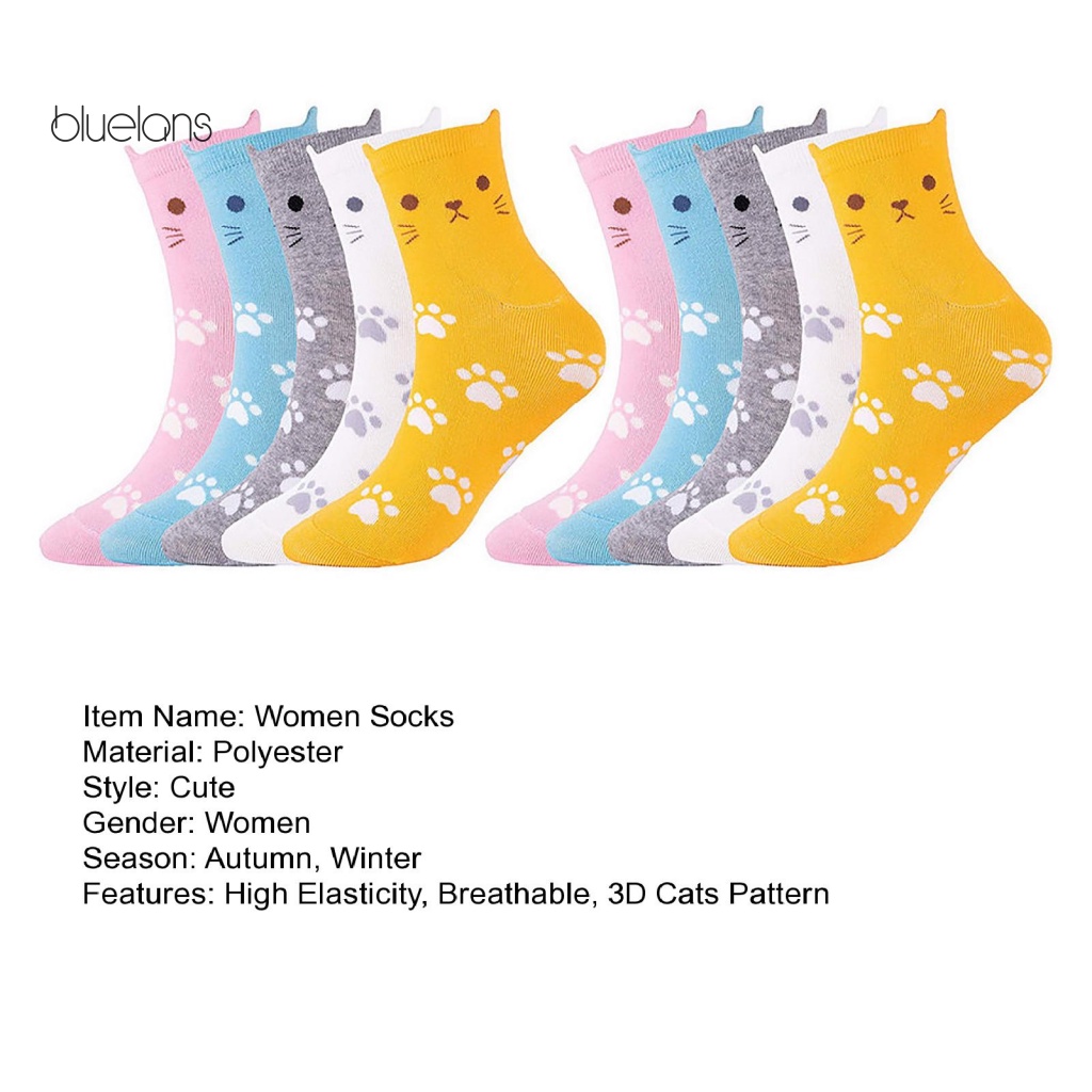 Set 10 Đôi Vớ Co Giãn Màu Sáng In Họa Tiết Mèo Hoạt Hình 3D Thời Trang Mùa Đông Cho Nữ