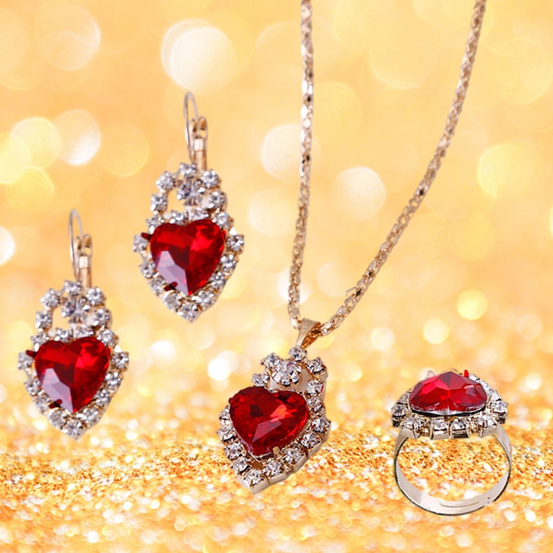 Ygt Set Vòng cổ Nhẫn Bông Tai Hình Trái Tim Đính Đá Pha Lê Thời Trang Cho Nữ