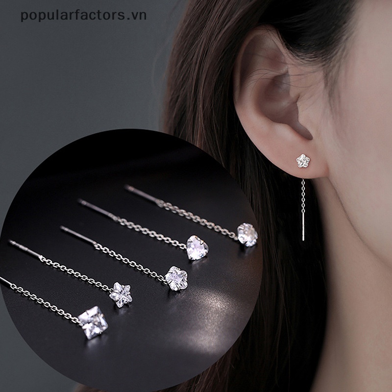 1 Bông Tai Dây Dài Đính Đá Zircon Hình Ngôi Sao / Trái Tim Đa Năng Cho Nữ