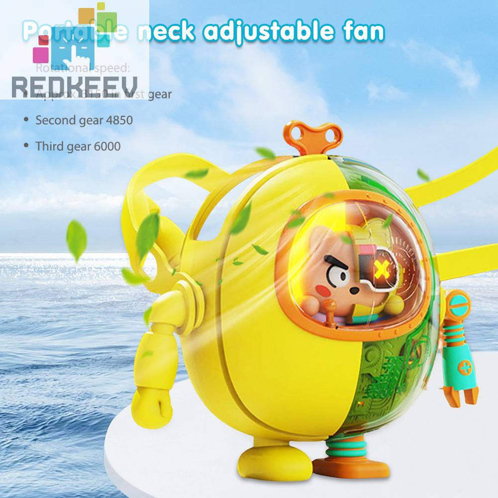 Quạt Làm Mát Mini 3 Bánh Răng 900mAh Đeo Cổ Không Cánh Có Đèn Ban Đêm