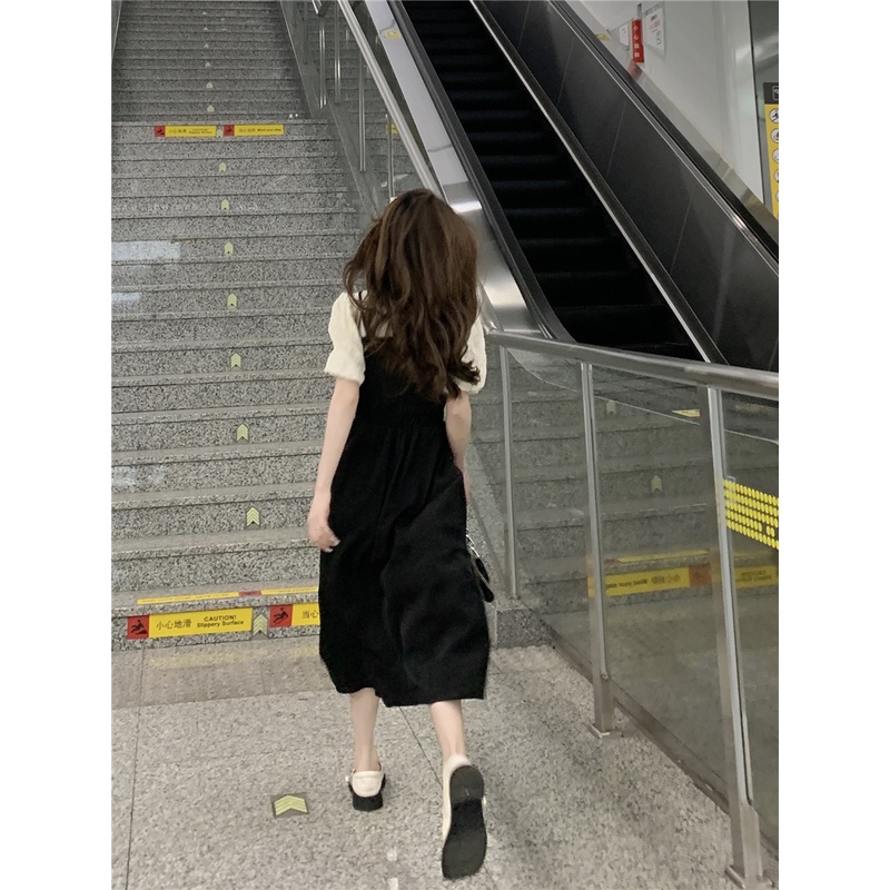 Đen Đầm midi Tay Phồng Phong Cách Pháp Thời Trang Mùa Hè Tinh Tế Cho Nữ