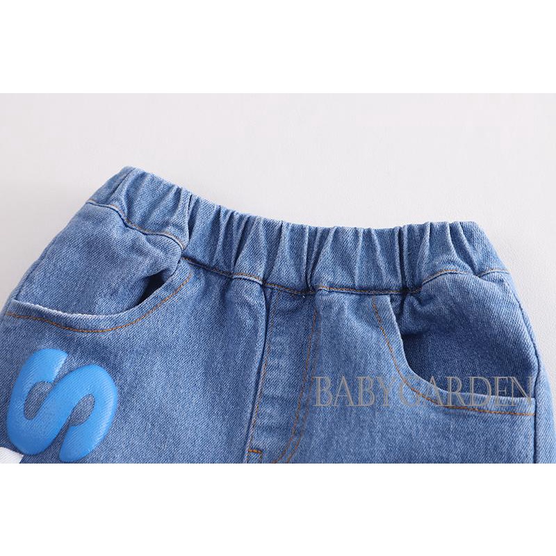 Bộ Áo Thun Tay Ngắn In Hoạt Hình Phối Quần Short Denim Lưng Thun Dễ Thương Cho Bé Trai 1-7 Tuổi