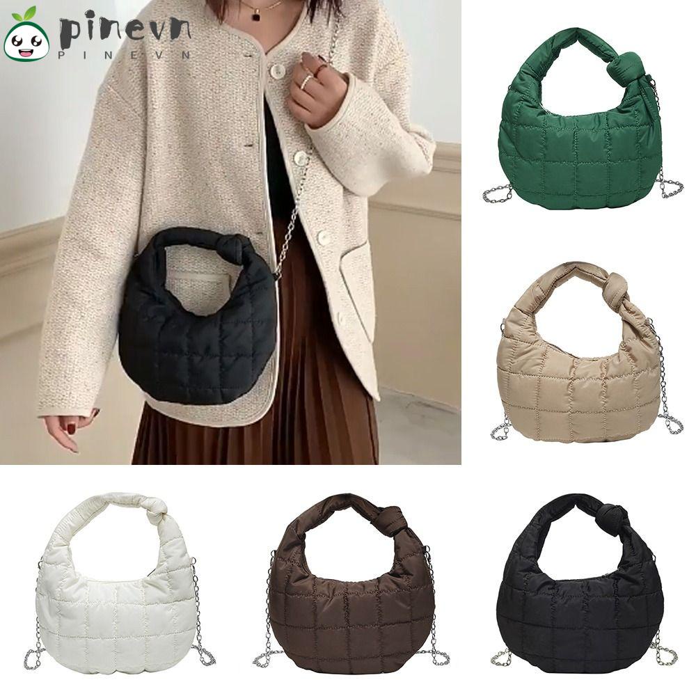 PINEVN Túi Xách Dây Xích Đeo Vai Chất Liệu Cotton Họa Tiết Sọc Caro