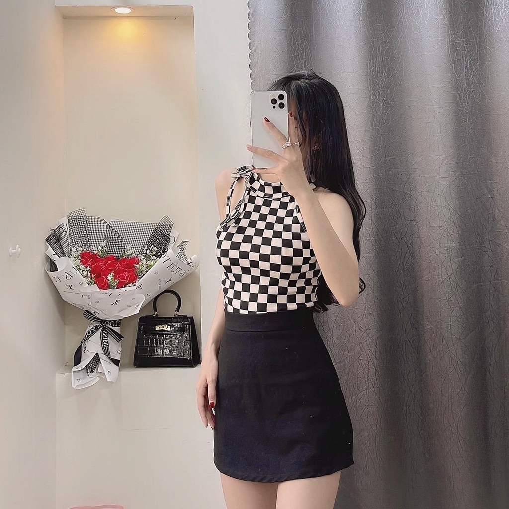 Áo gân caro kiểu cột dây nơ cổ
