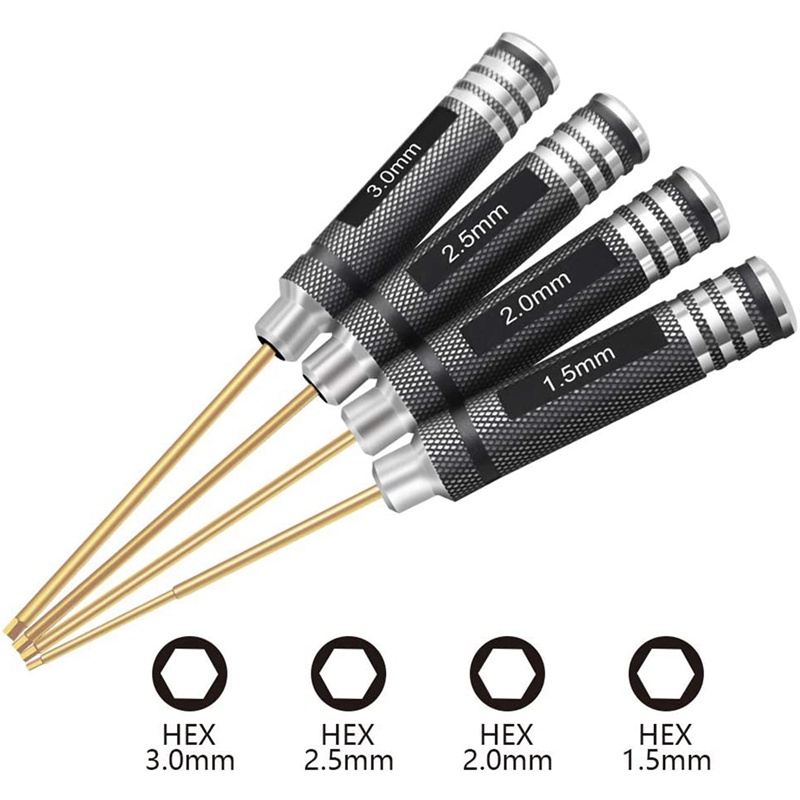 Bộ 4 Tua Vít Lục Giác 1.5 / 2.0 / 2.5 / 3.0 mm Bằng Titan Nhiều Trục Cho Máy Bay Điều Khiển Từ Xa