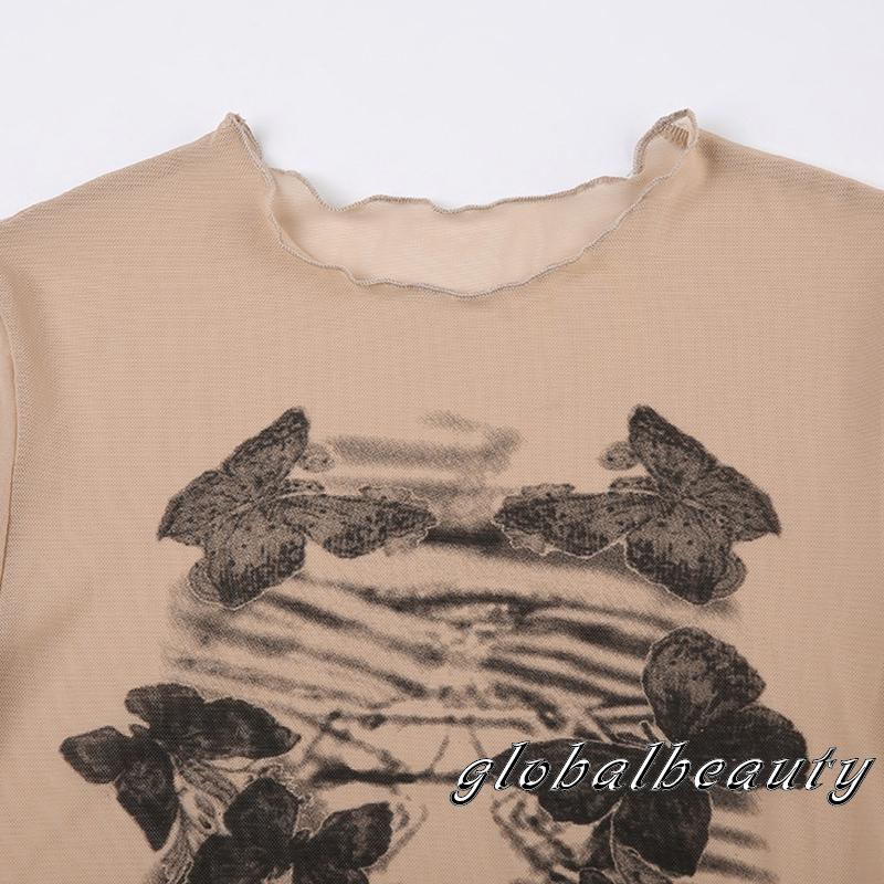 Áo Thun Tay Ngắn Cổ Tròn Xuyên Thấu In Họa Tiết Bươm Bướm Dành Cho Nữ