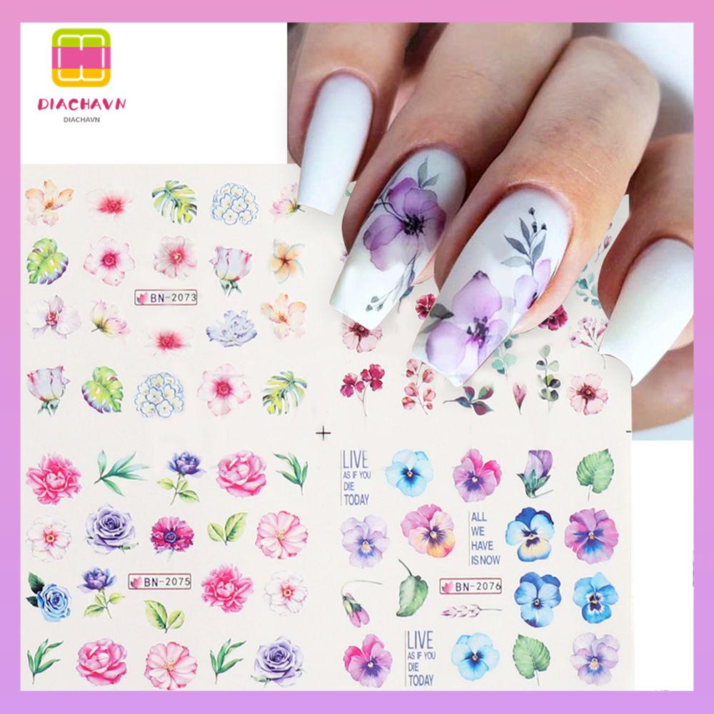 DIACHAVN Bộ 12 Miếng Dán Trang Trí Móng Tay Hình Hoa Lá Xinh Xắn