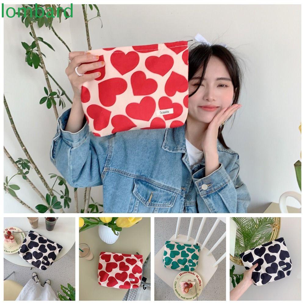 LOMBARD Túi Đựng Mỹ Phẩm Cỡ Lớn Bằng Vải Nhung Kẻ Có Khóa Kéo In Họa Tiết Trái Tim Phong Cách Vintage