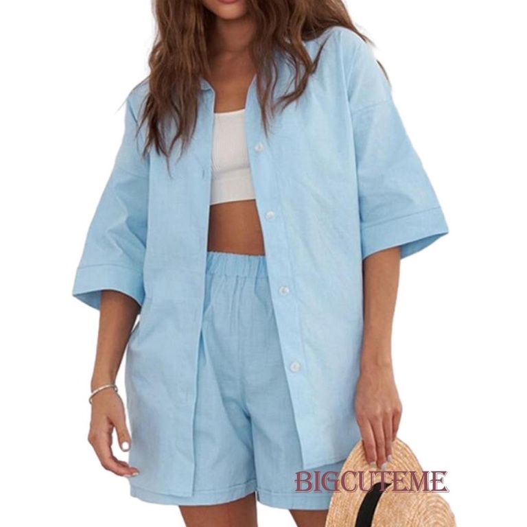 Set Đồ 2 Món Gồm Áo Sơ Mi Tay Ngắn Màu Trơn Dáng Rộng Và Quần Ngắn Cho Nữ