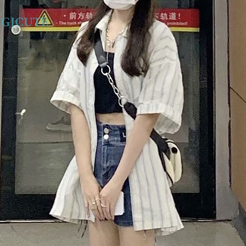 Áo Sơ Mi Mỏng Tay Ngắn Dáng Rộng Thoáng Khí In Họa Tiết Kẻ Sọc Kiểu Retro Xinh Xắn Cho Nữ