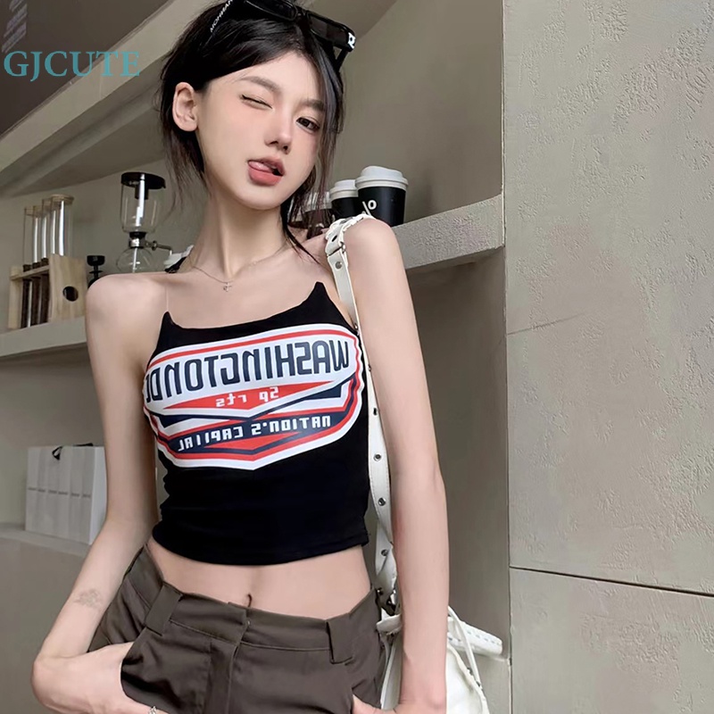 Áo Hai Dây Mỏng Mùa Hè In Chữ Phong Cách Retro Mỹ Cho Nữ