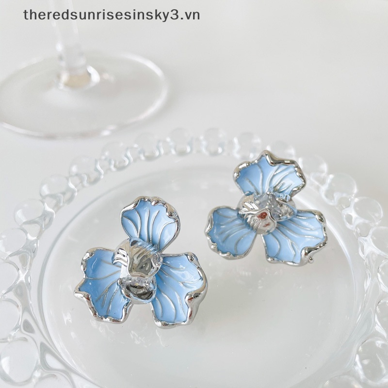 Bông Tai Hình Hoa Đính Pha Lê Màu Xanh Dương Phong Cách Hàn Quốc Cổ Điển Thời Trang Cho Nữ