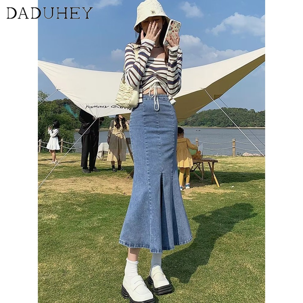 Chân váy denim DADUHEY ôm hông phối túi size lớn kiểu chữ A cạp cao xẻ tà retro thời trang phong cách Hàn Quốc