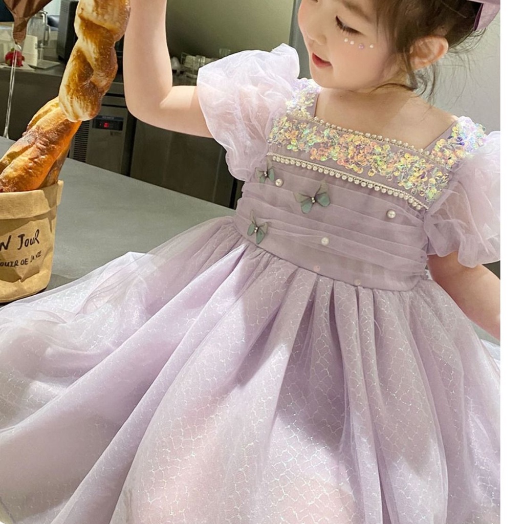 Đầm Công Chúa Tay Phồng Phối Lưới Đính Kim Sa Thời Trang Mùa Hè 2023 Cho Bé Gái