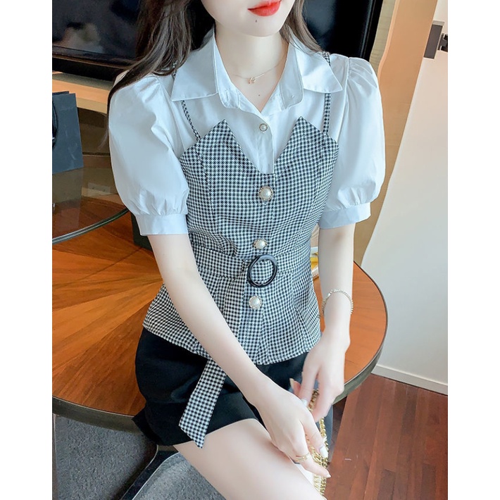 Áo Sơ Mi Chiffon Tay Ngắn Họa Tiết Sọc Caro Phong Cách Vintage Thời Trang Công Sở Cho Nữ