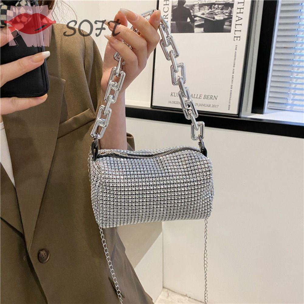 SOFTNESS Túi Đeo Chéo Da PU Hình Vuông Đính Đá Lấp Lánh Thời Trang Cho Nữ