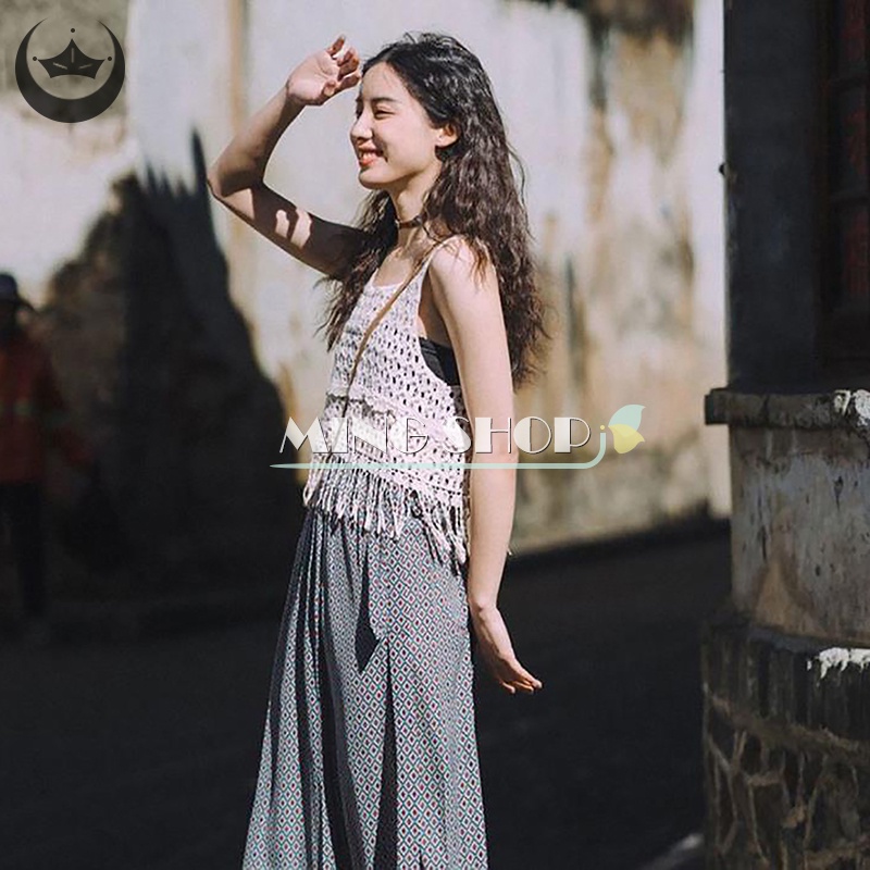 Áo Dệt Kim Cổ Tròn Phối Tua Rua Phong Cách Bohemia Thời Trang Mùa Hè Cho Nữ