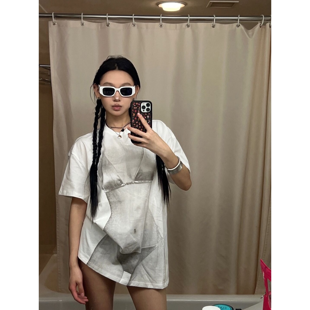 Phối cảnh t-shirt tay ngắn của phụ nữ sexy mỹ in lỏng mùa hè cơ thể dưới thiếu bông hàng đầu