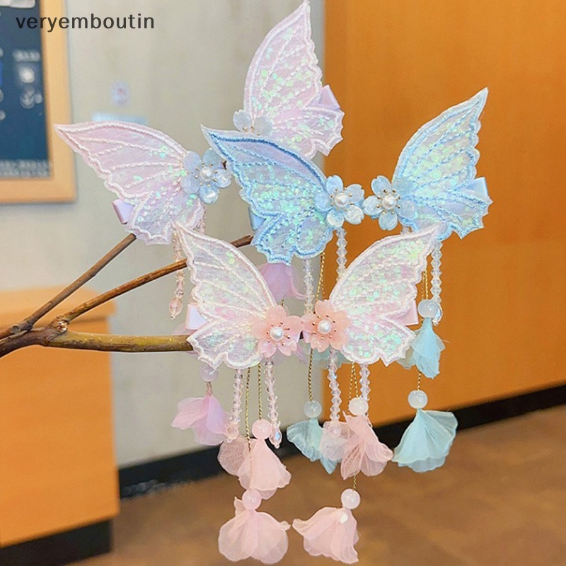 1 Cặp Trâm Cài Tóc Tua Rua Thêu Hoa Bướm Handmade Thời Trang Cho Nữ